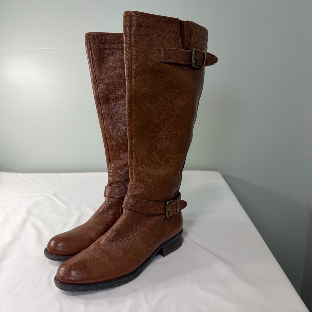Franco Sarto Pammy Brown Leather Tall Riding Boots Womens 7.5M Buckle Detail